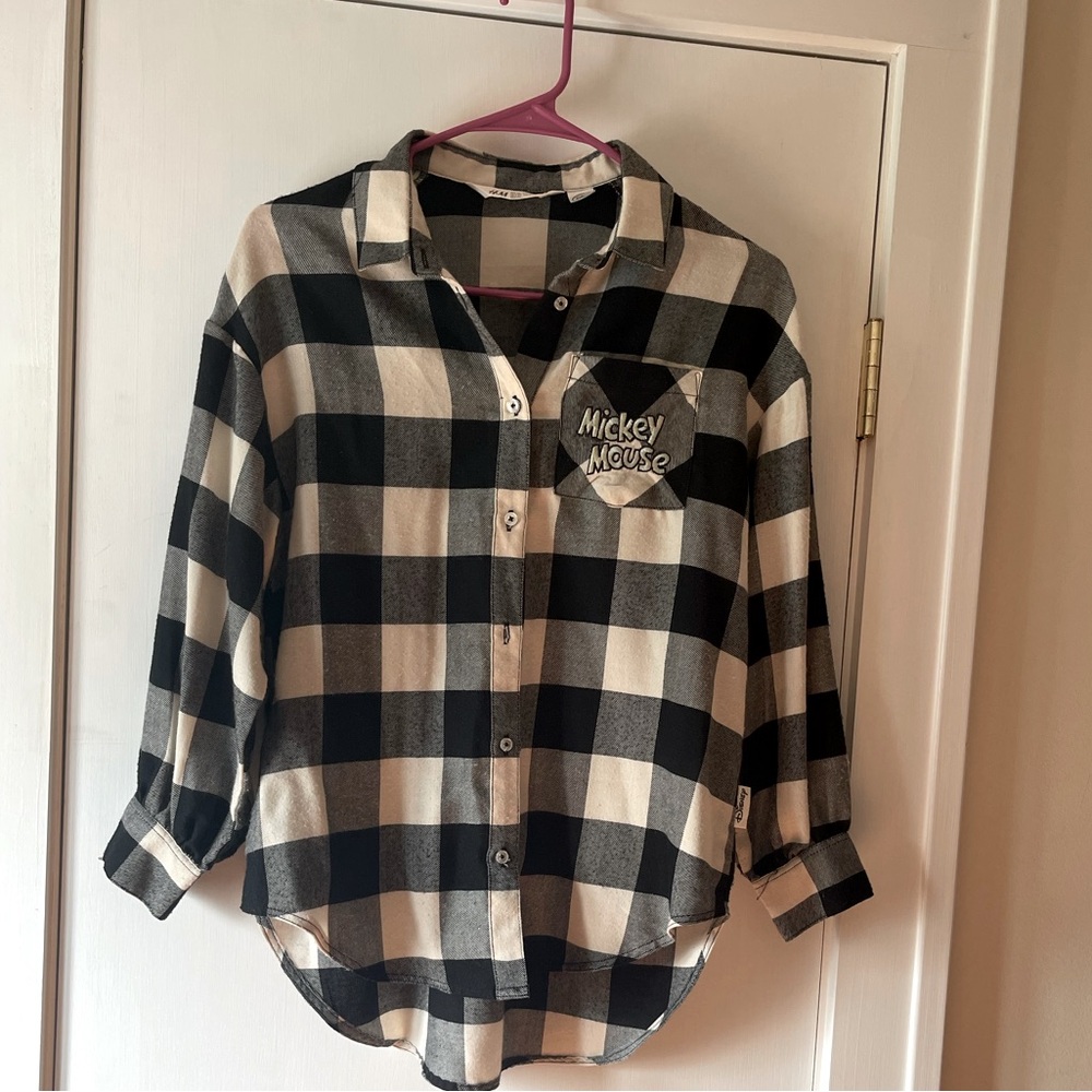 H&M Disney Mickey Mouse Flannel Shirt Kids Gingham Plaid In Good Condition